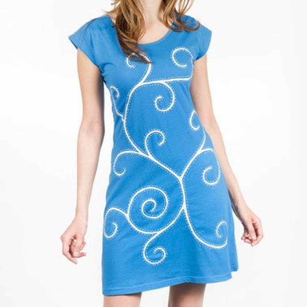 Adria Blue & White Scroll Organic Cap-Sleeve Dress